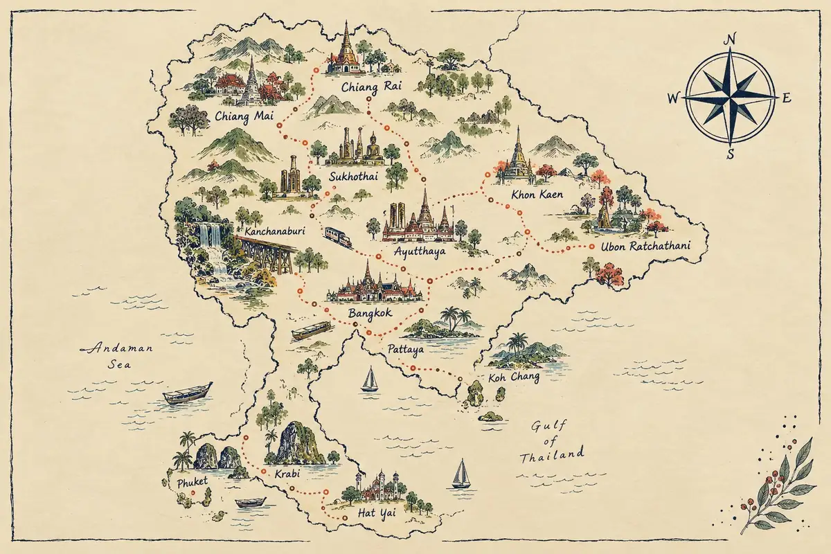 Illustrated hand-drawn map of Thailand showing a dotted travel route connecting Chiang Mai, Chiang Rai, Sukhothai, Ayutthaya, Bangkok, Khon Kaen, Ubon Ratchathani, Krabi, Phuket, and Hat Yai